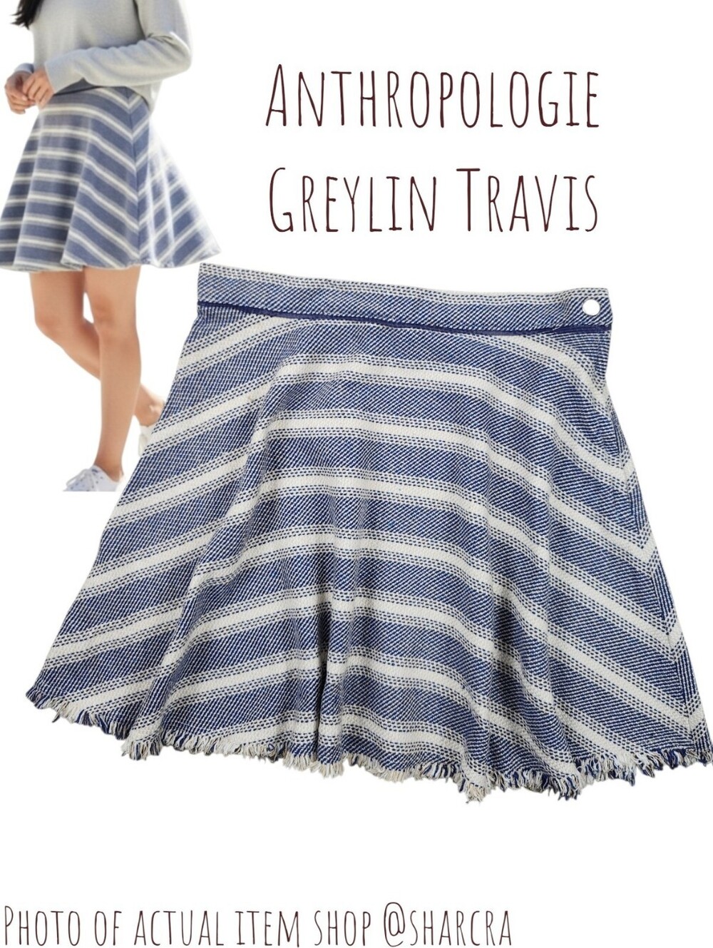 Anthropologie Greylin Travis Womdn's Frayed Stripe Linen mini Skirt blue cream M